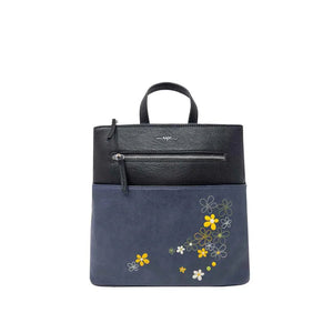 Black and blue handbag with floral embroidery on a white background - okotoks hc pharmacy