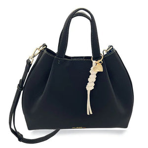 Black handbag with a decorative strap on a white background - okotoks hc pharmacy