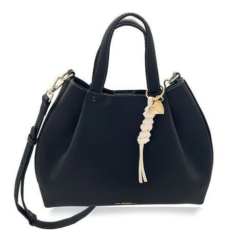 Black handbag with a decorative strap on a white background - okotoks hc pharmacy