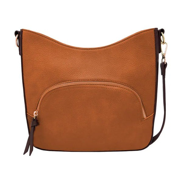Brown handbag with a gold zipper on a white background - okotoks hc pharmacy