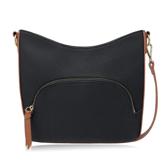 Black handbag with brown accents on a white background - okotoks hc pharmacy
