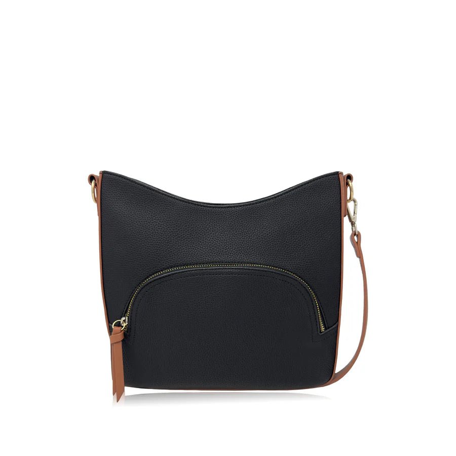 Black handbag with brown accents on a white background - okotoks hc pharmacy