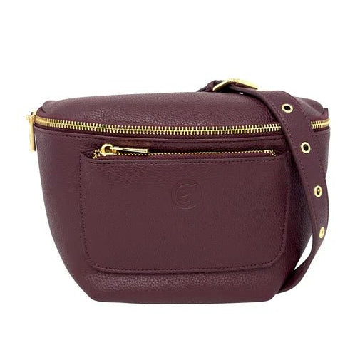 wine handbag with gold zipper and accents on a white background - okotoks hc pharmacy