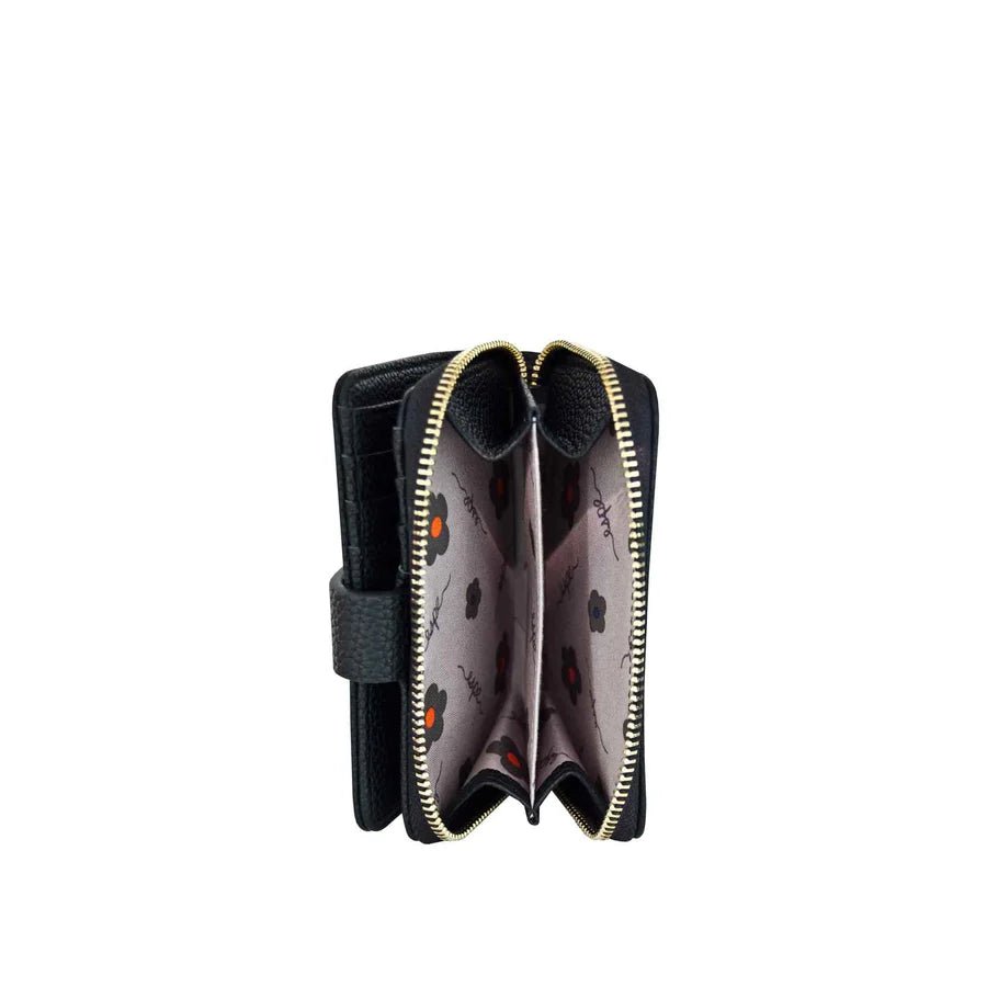 Black wallet with gold zipper on a white background - okotoks hc pharmacy