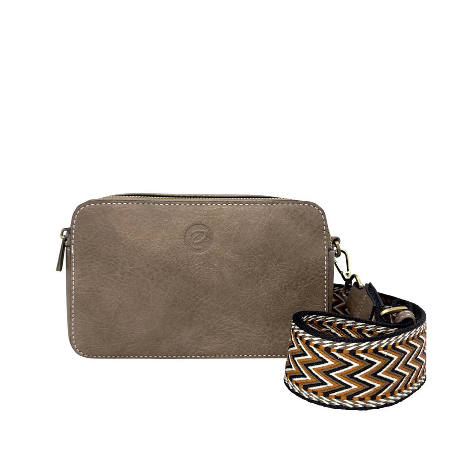 Brown bag with a patterned strap on a white background - okotoks hc pharmacy