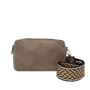 Brown bag with a patterned strap on a white background - okotoks hc pharmacy