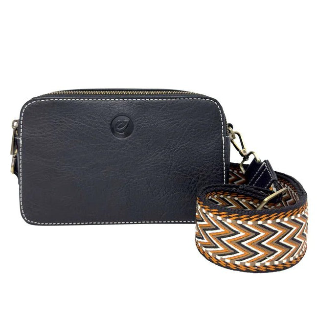 Black bag with a decorative strap on a white background - okotoks hc pharmacy