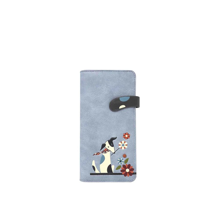 Blue wallet with a dog and flower design on a white background - okotoks hc pharmacy