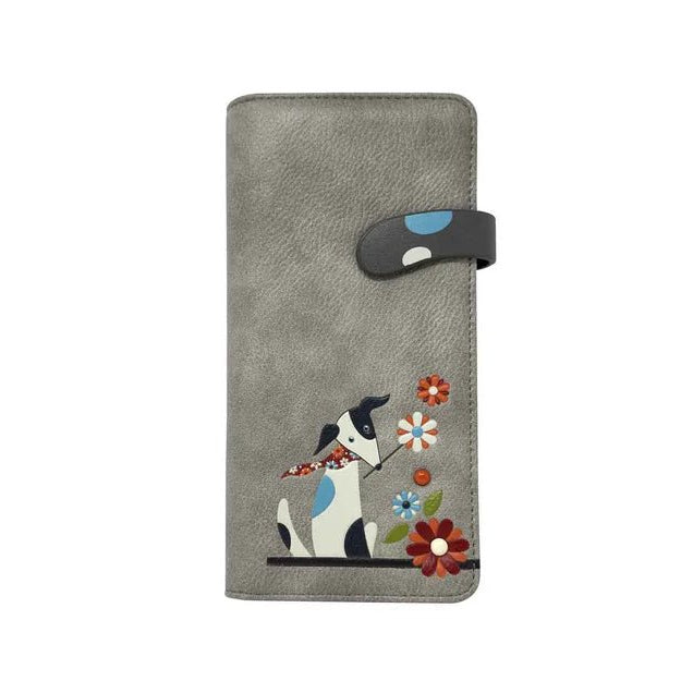 Gray wallet with a dog and flower design on a white background - okotoks hc pharmacy