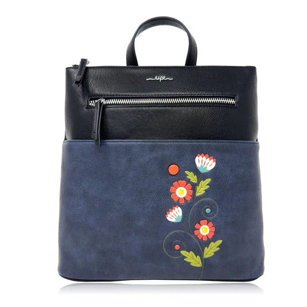 Navy blue handbag with floral embroidery on a white background - okotoks hc pharmacy
