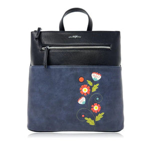 Navy blue handbag with floral embroidery on a white background - okotoks hc pharmacy