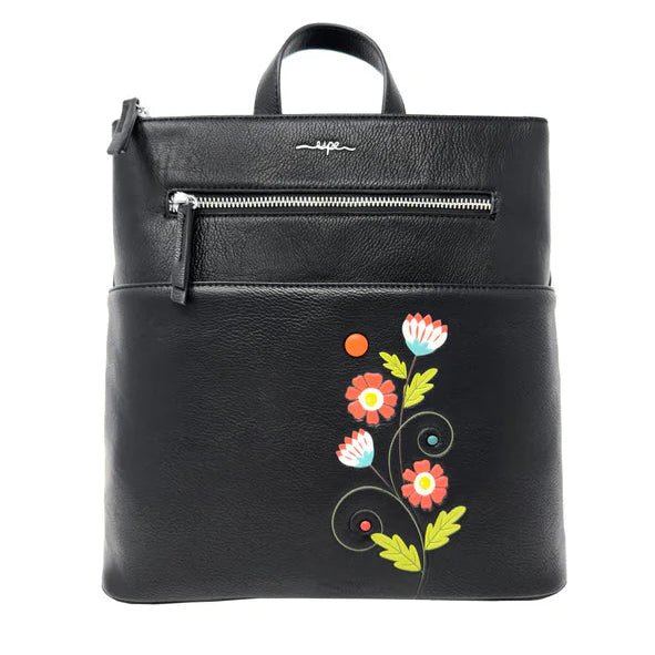 Black backpack with floral embroidery on a white background - okotoks hc pharmacy