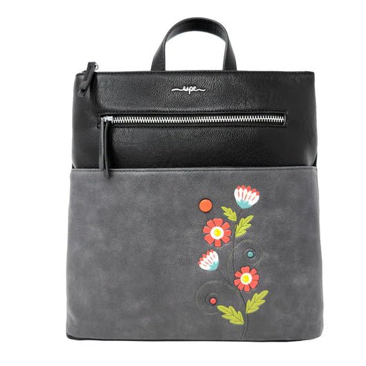 Gray backpack with floral embroidery on a white background - okotoks hc pharmacy