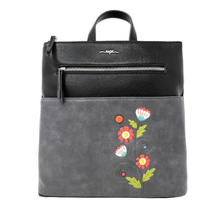 Gray backpack with floral embroidery on a white background - okotoks hc pharmacy