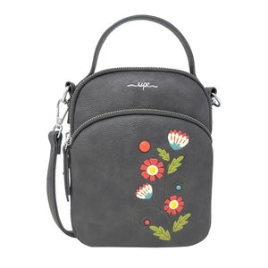 Gray handbag with floral embroidery on a white background - okotoks hc pharmacy