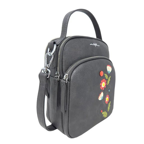 Gray handbag with floral embroidery on a white background - okotoks hc pharmacy