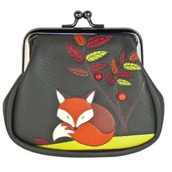 Coin purse with fox and leaf design on a gray background - okotoks hc pharmacy