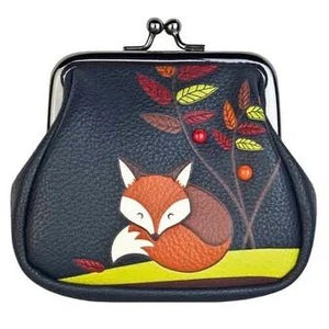 Coin purse with fox design on a dark blue background - okotoks hc pharmacy