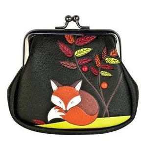 Black coin purse with fox and leaf design on a white background - okotoks hc pharmacy