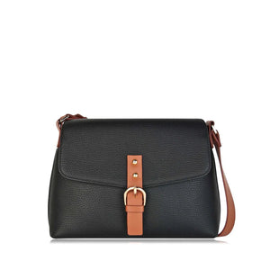 Black handbag with brown strap and buckle on a white background - okotoks hc pharmacy