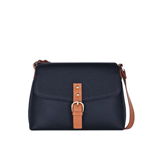 Navy blue handbag with brown strap and buckle on a white background - okotoks hc pharmacy