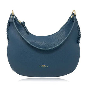 Blue handbag with gold accents on a white background - okotoks hc pharmacy