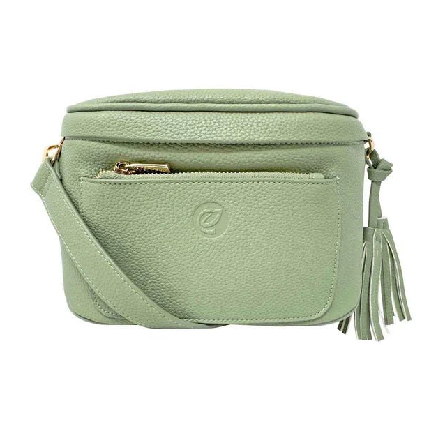 Green crossbody bag with a tassel on a white background - okotoks hc pharmacy