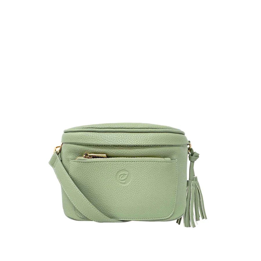 Green crossbody bag with a tassel on a white background - okotoks hc pharmacy