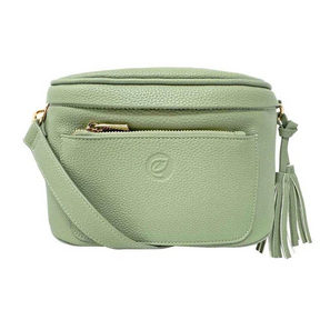 Green crossbody bag with a tassel on a white background - okotoks hc pharmacy