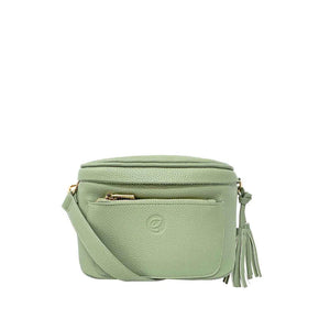 Green crossbody bag with a tassel on a white background - okotoks hc pharmacy