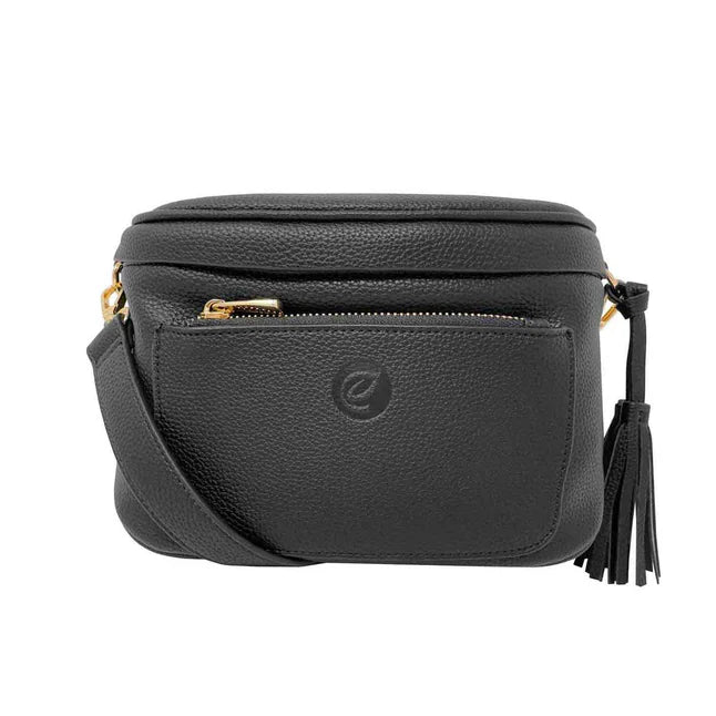 Black crossbody bag with a tassel on a white background - okotoks hc pharmacy