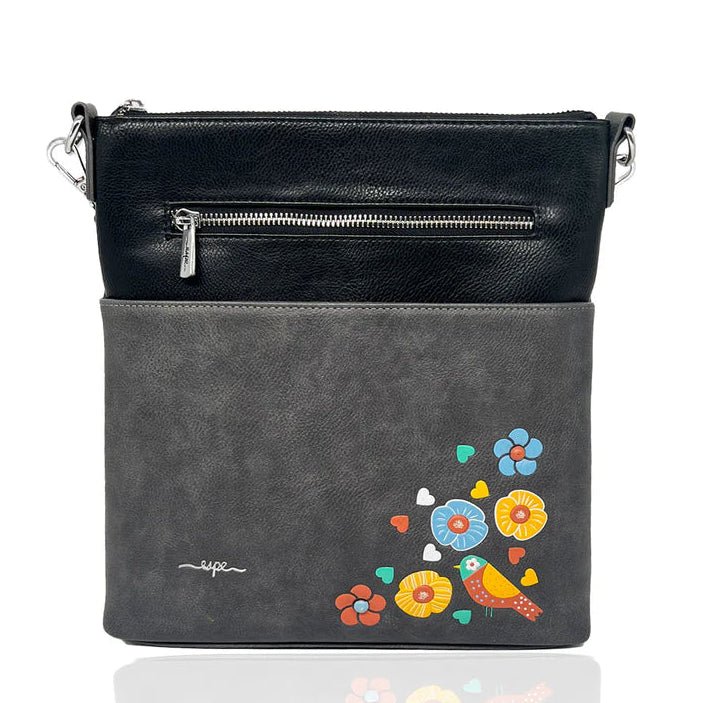 Black crossbody bag with floral embroidery on a white background - okotoks hc pharmacy