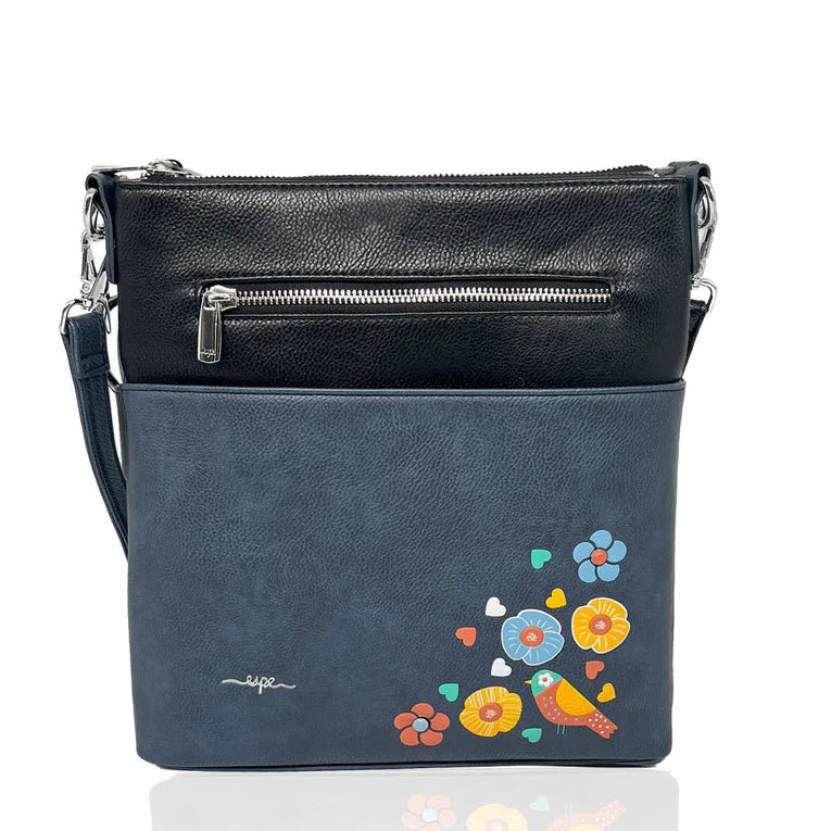 Black crossbody bag with floral design on a white background - okotoks hc pharmacy