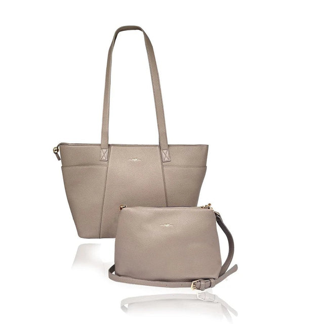 Set of two beige handbags on a white background - okotoks hc pharmacy