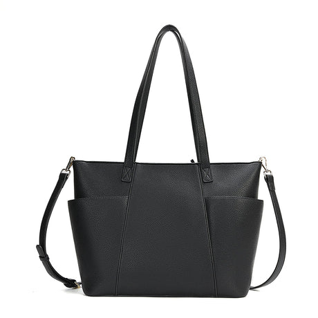 Black leather handbag with shoulder strap on a white background - okotoks hc pharmacy