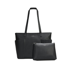 Two black handbags, a larger tote and a smaller pouch, on a white background. - okotoks hc pharmacy