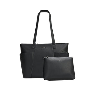 Two black handbags, a larger tote and a smaller pouch, on a white background. - okotoks hc pharmacy