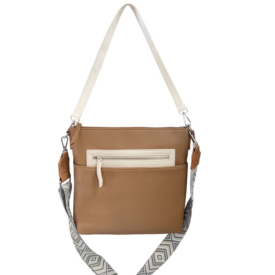 Brown handbag with a patterned strap on a white background - okotoks hc pharmacy