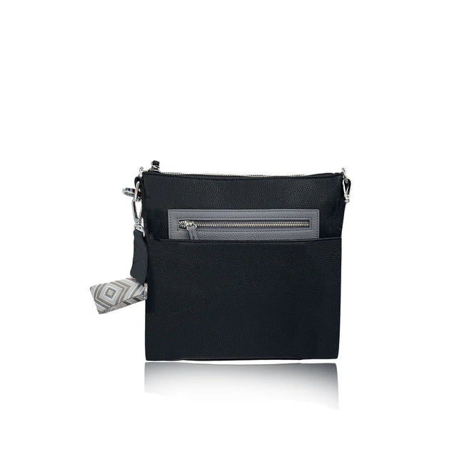 Black crossbody bag with a zipper pocket on a white background - okotoks hc pharmacy