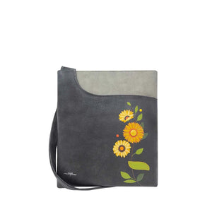 Gray crossbody bag with yellow floral design on a white background - okotoks hc pharmacy
