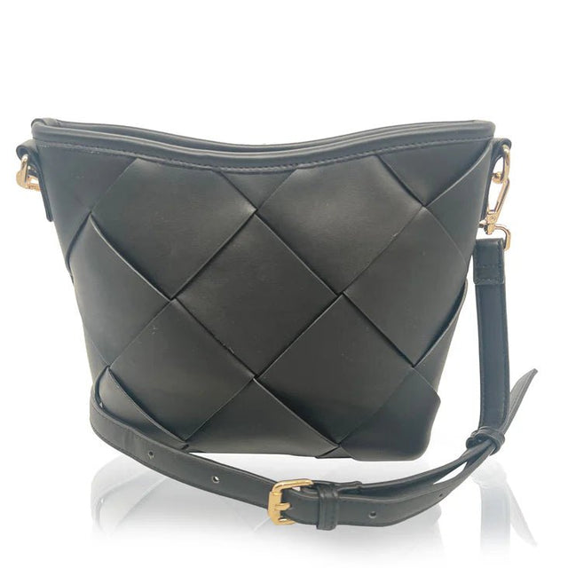 black woven handbag with a strap on a white background - okotoks hc pharmacy