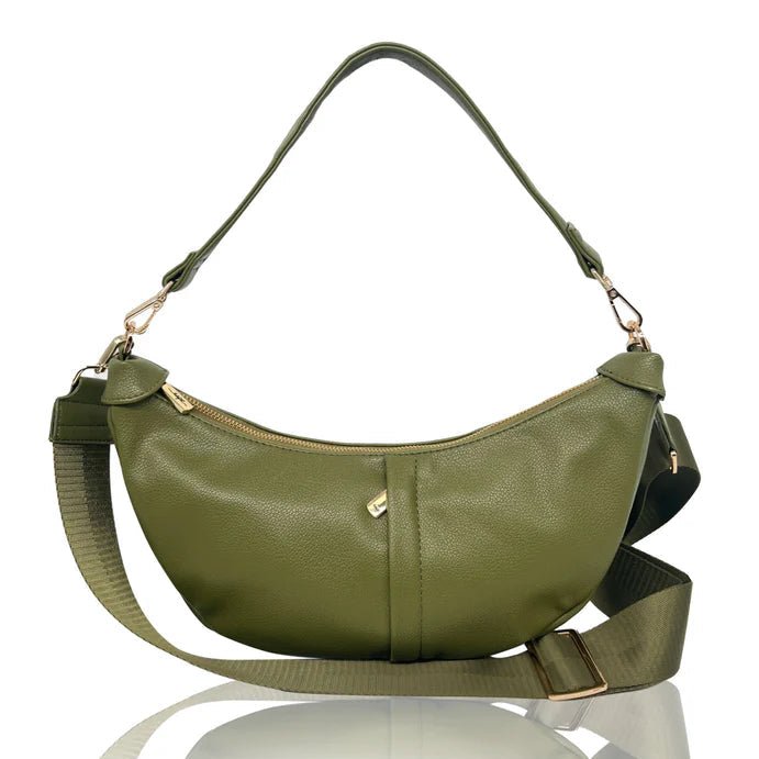 Green handbag with a reflective surface on a white background - okotoks hc pharmacy