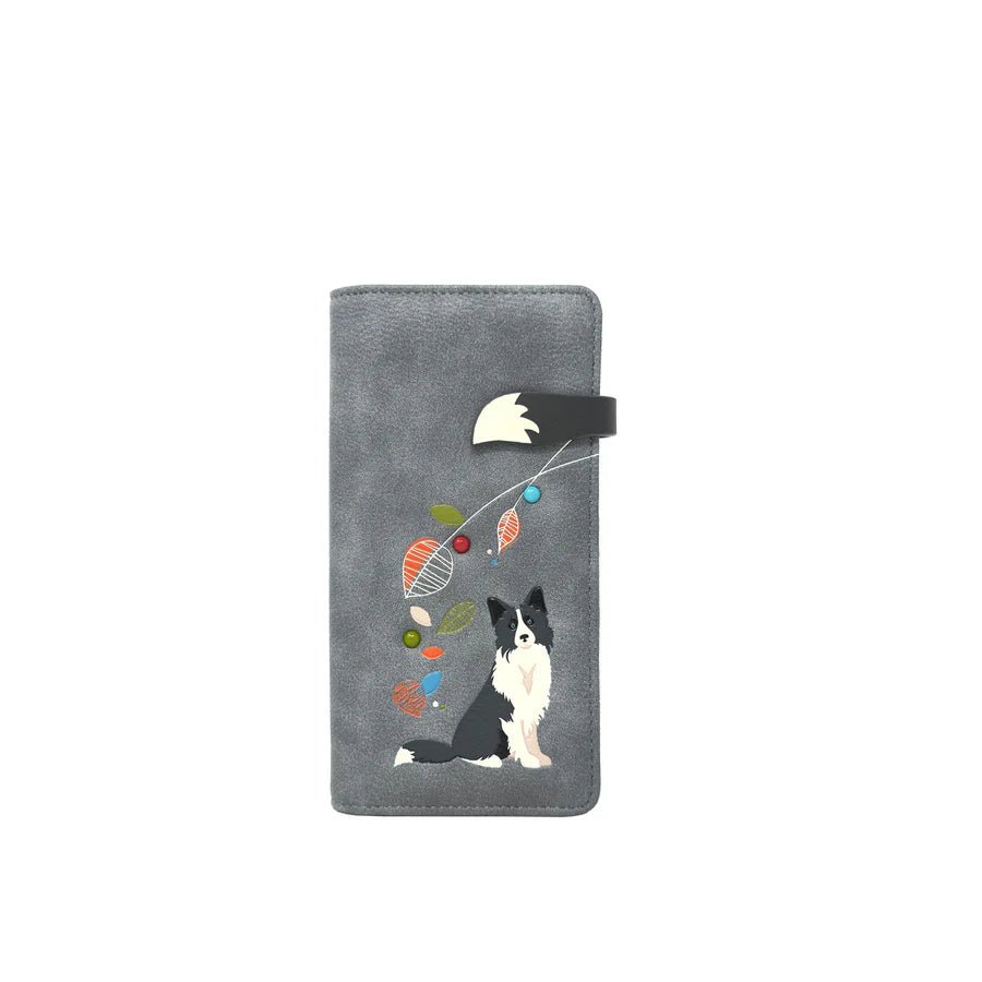 Gray wallet with a dog illustration and colorful elements on a white background - okotoks hc pharmacy