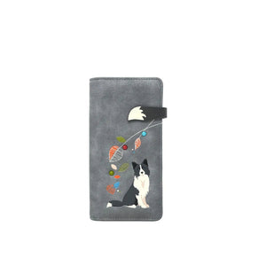 Gray wallet with a dog illustration and colorful elements on a white background - okotoks hc pharmacy