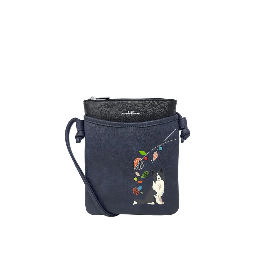 Blue crossbody bag with dog and balloon design on a white background - okotoks hc pharmacy