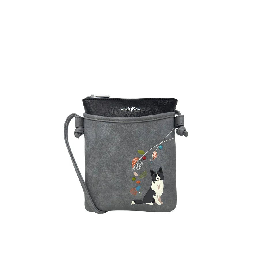 Gray pouch with a dog design and colorful elements on a white background - okotoks hc pharmacy