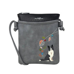 Gray pouch with a dog design and colorful elements on a white background - okotoks hc pharmacy