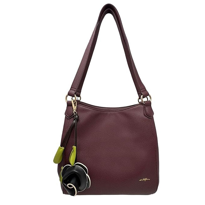 plum handbag with a floral detail on a white background - okotoks hc pharmacy