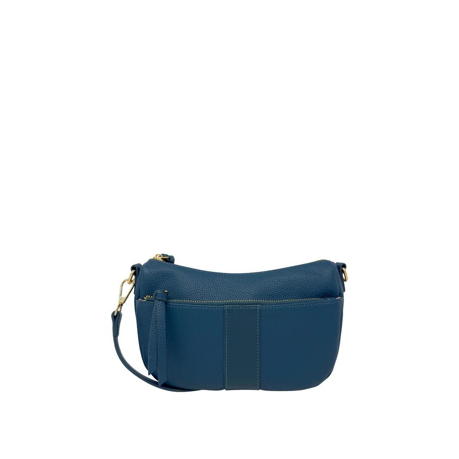 Blue handbag with gold accents on a white background - okotoks hc pharmacy