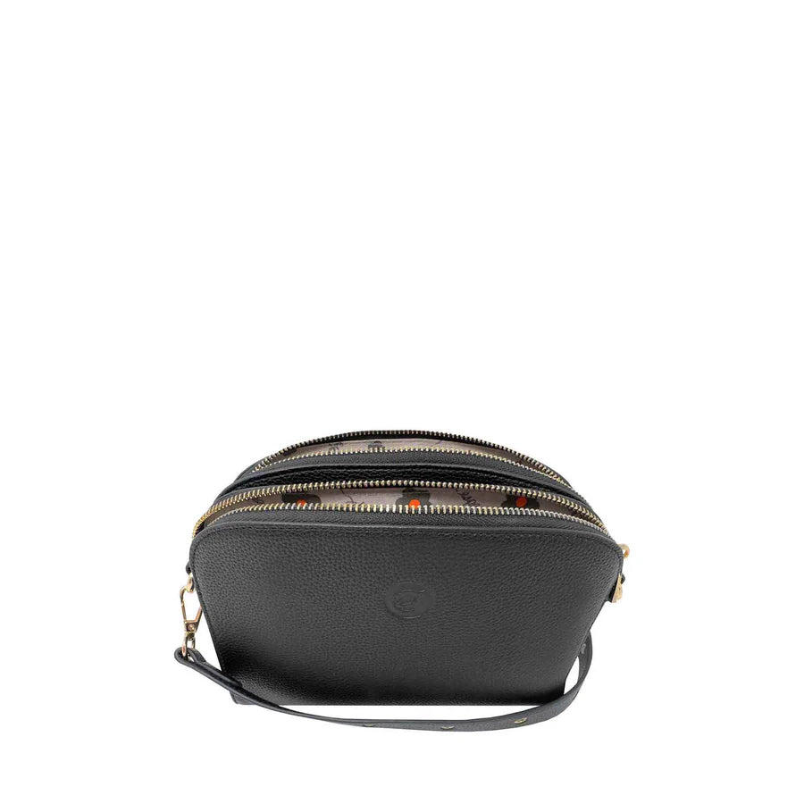 Black crossbody bag with gold zipper on a white background - okotoks hc pharmacy